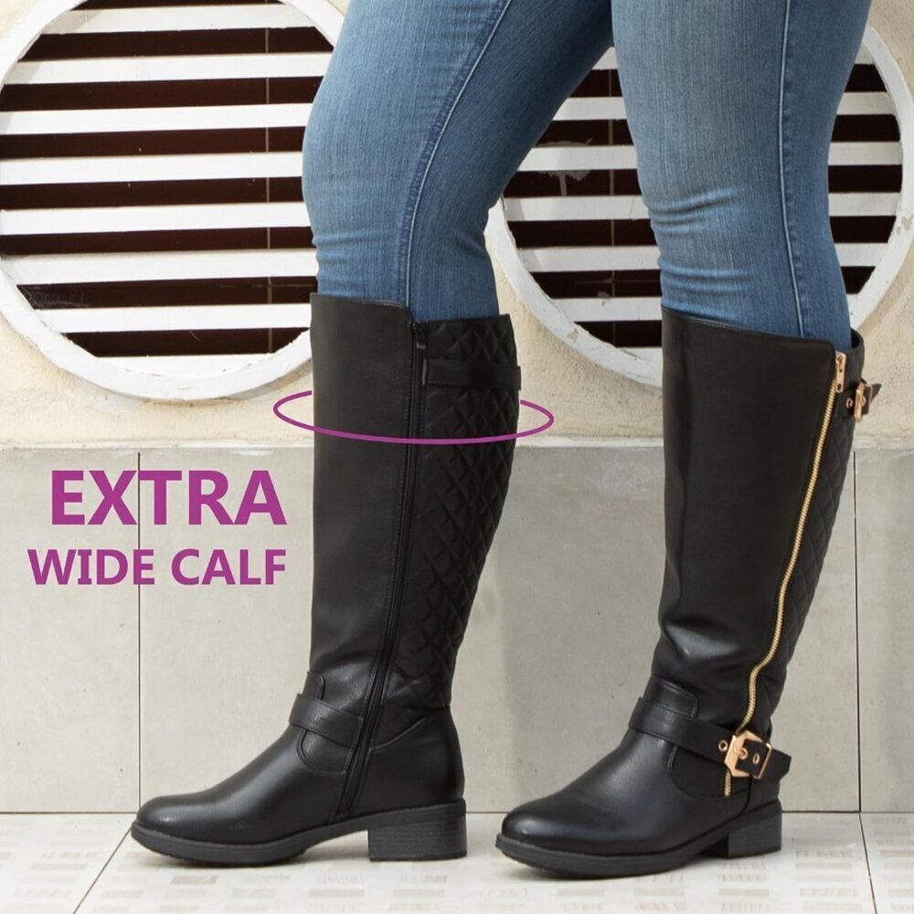 Women Extra Wide Calf Knee High Riding Black Boot Double Buckle Retro Chic Style - Picture 2 of 6